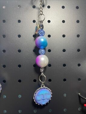 Hand Crafted Blue-Purple-Pink Beaded Moon Face Keychain